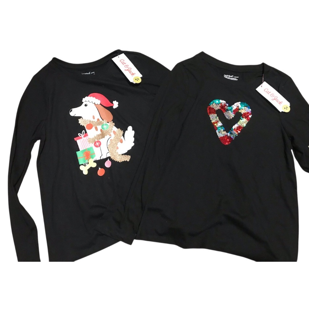 Cat & Jack Girls Long sleeve Black Kids Shirts with Dog and Heart Designs size L
